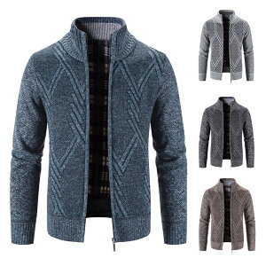 秋冬新品男士拉鏈口袋針織開衫純色立領大碼休閑保暖毛衫外套夾克