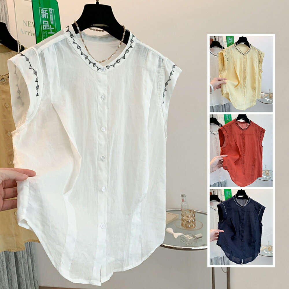 ＊ORead＊立領棉麻刺繡無袖開襟衫上衣(4色M~2XL)