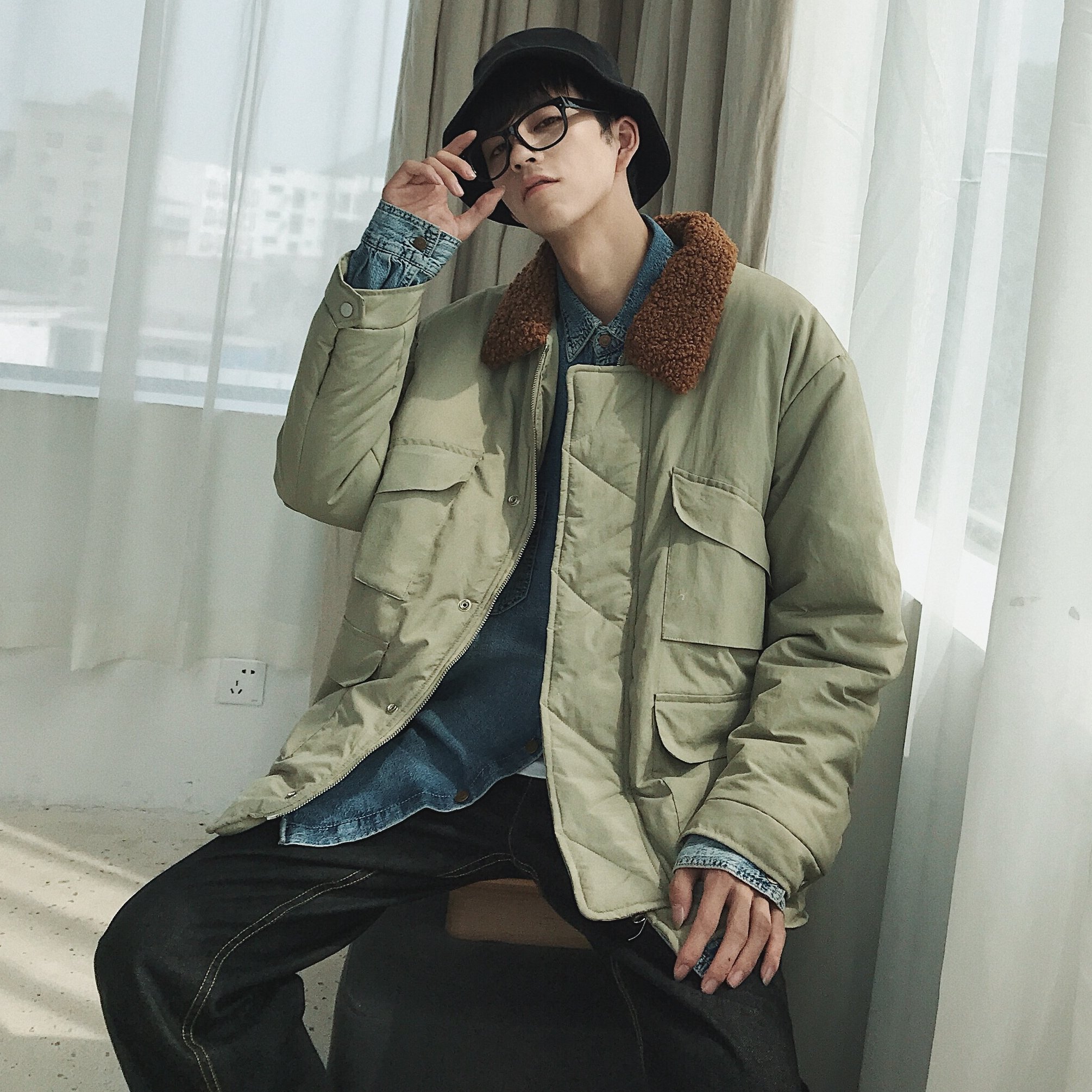 FINDSENSE品牌 鼕季 韓國 男 個性 高品質 加絨 羊羔領 棉衣 保暖外套 潮流上衣外套
