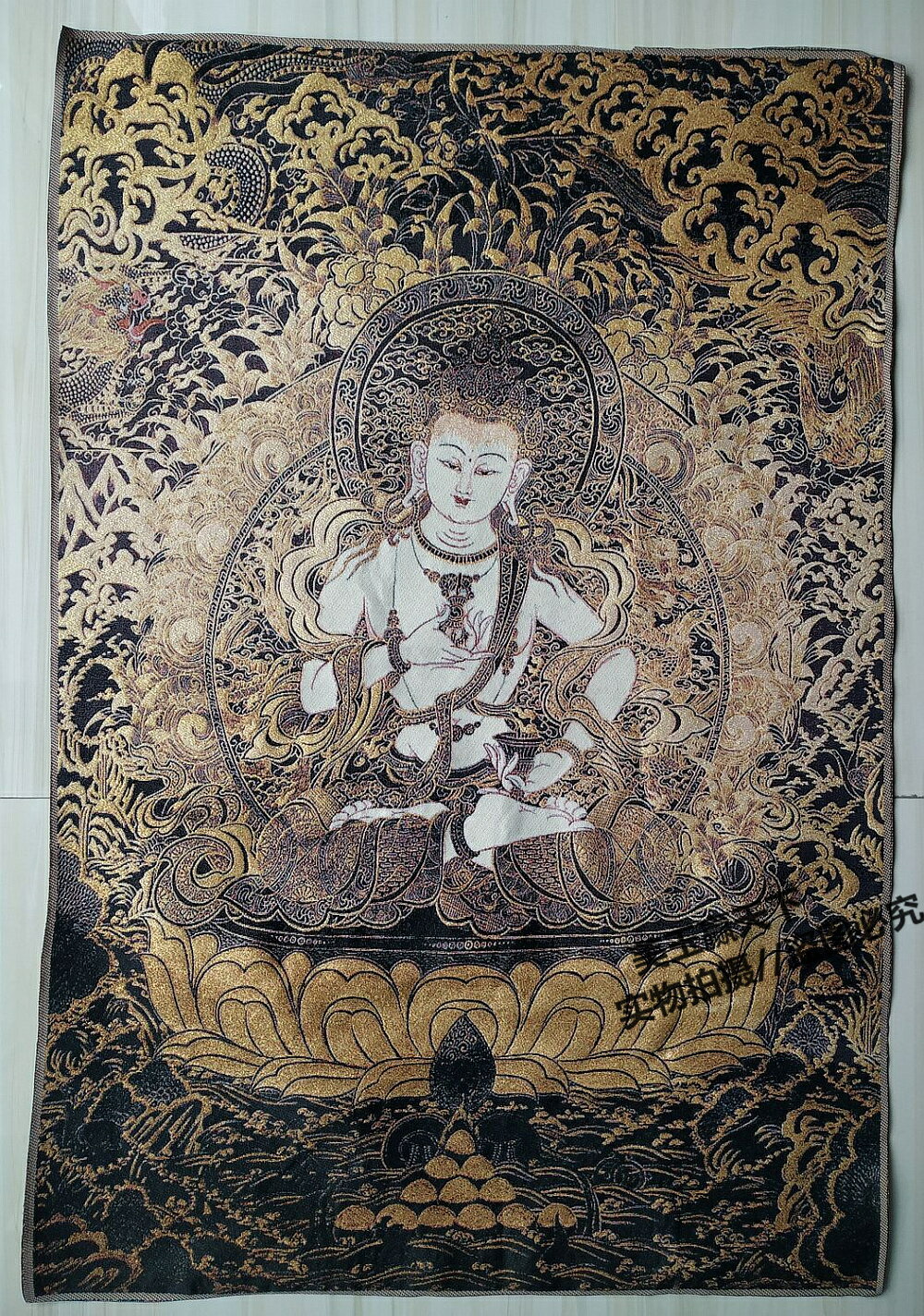 西藏唐卡佛像 絲綢繡尼泊爾唐卡黑金龍鳳薩錘刺繡 密宗條幅壁畫