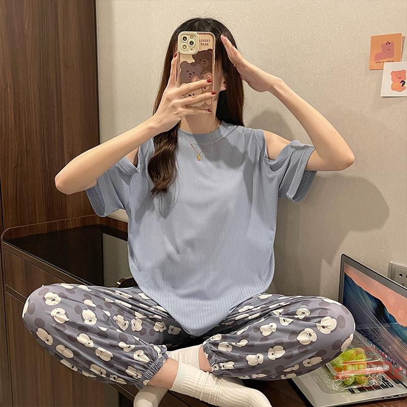 莫代爾睡衣女露肩短袖長褲韓版簡約網紅時尚爆款夏天家居服兩件套