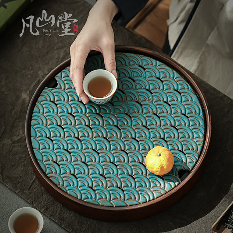 圓形茶盤家用簡易陶瓷托盤功夫茶具竹制干泡盤小型儲水式瀝水茶臺
