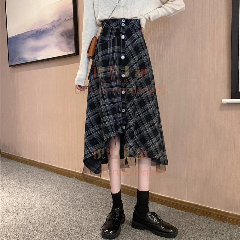 半身裙女高腰a字中長裙設計感黑色半裙子不規則格子時尚百搭夏季新款