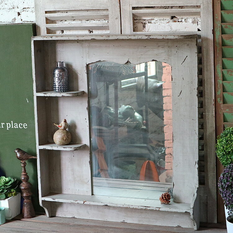 美式鄉村實木浴室掛鏡置物架 灰色做舊壁掛置物架 家居裝飾1入