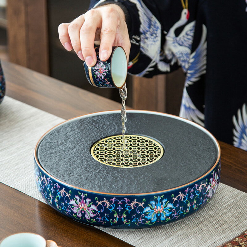 晟窯烏金石茶盤日式家用儲水托盤圓形簡約陶瓷干泡小茶臺石頭茶盤