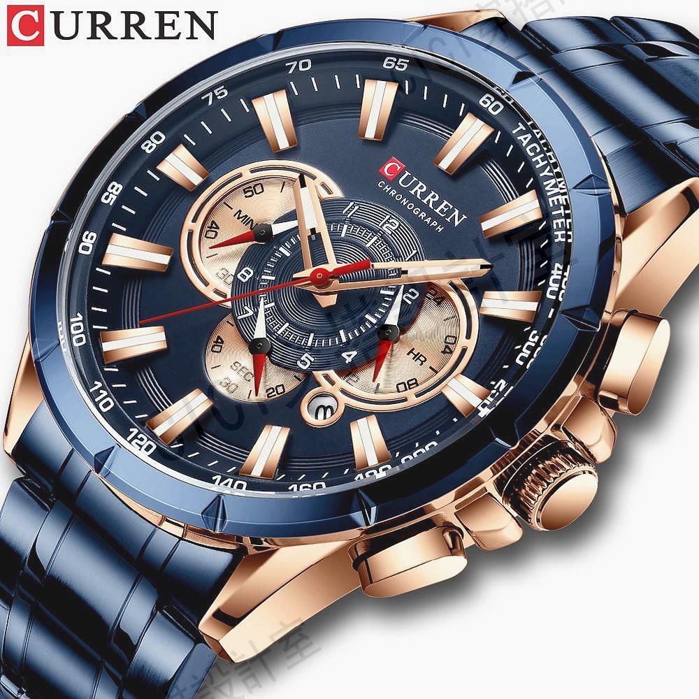 CURREN 新款男士手錶 時尚不銹鋼運動石英手錶 男士豪華品牌計時碼表 軍事防水手錶【亞德機械五金家居】