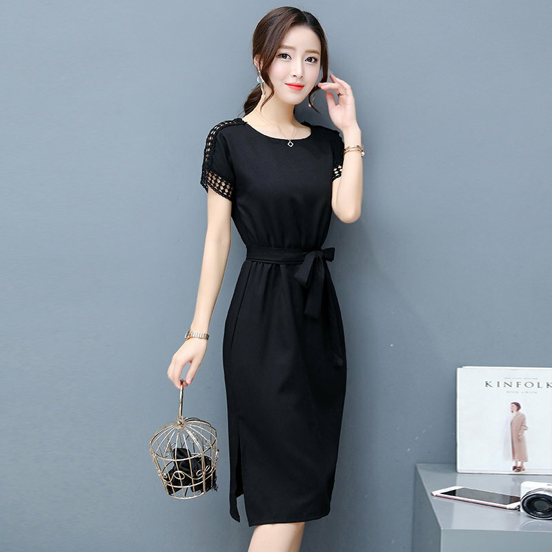 FINDSENSE G5 韓國時尚 黑色 氣質 裙子 雪紡 連身裙 開叉 長裙