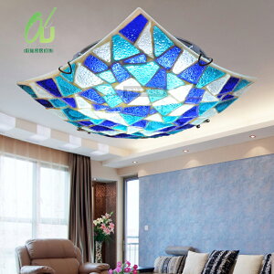 簡約創意地中海玻璃LED三色變光吸頂燈客廳臥室過道陽臺方形燈具