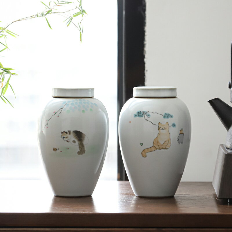 汝窯貓咪茶葉罐創意個性時尚家用密封罐精品高檔日式儲茶陶瓷罐子