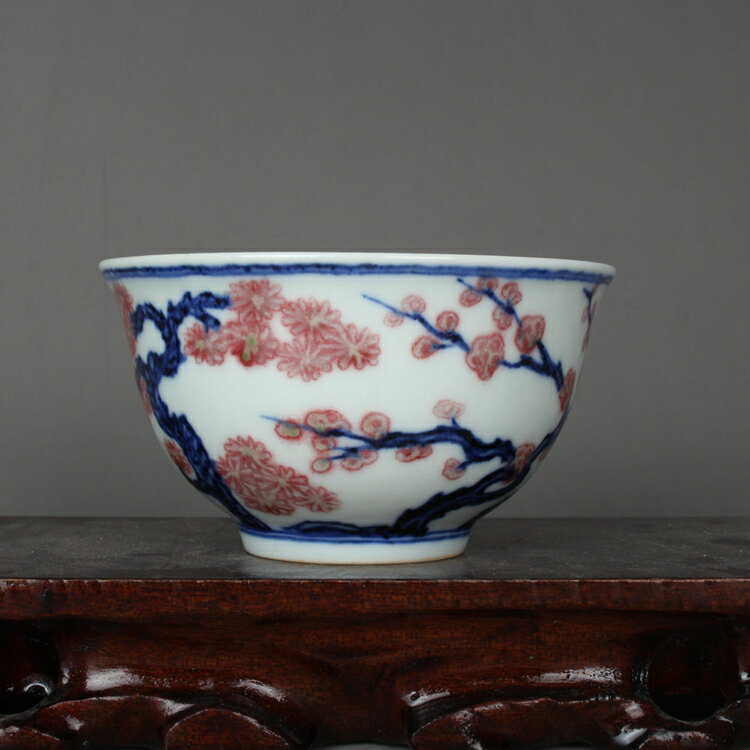 明宣德青花釉裡紅茶杯 松竹梅三友茶碗 古董古玩陶瓷器仿古收藏品