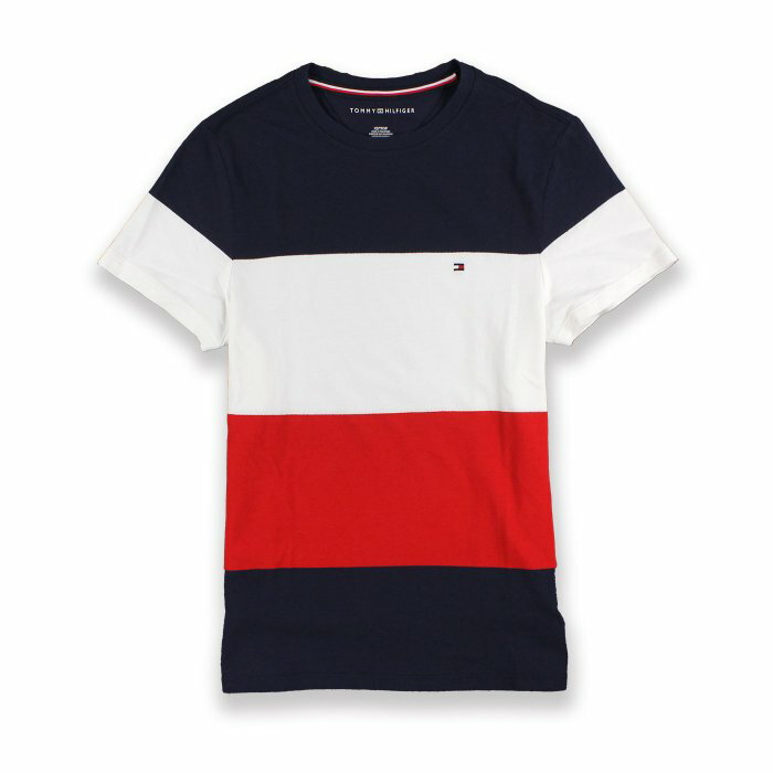 美國百分百【Tommy Hilfiger】T恤 TH 條紋 T-shirt 短袖 經典配色 網眼 深藍 紅白 XS-L I390