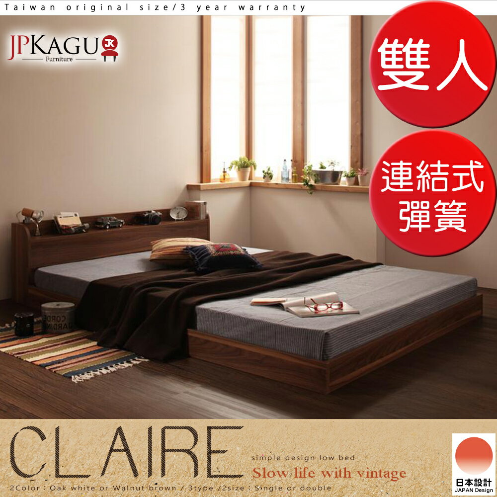 <br/><br/>  JP Kagu 台灣尺寸質樸附床頭櫃/插座貼地型低床組-連結式彈簧床墊雙人5尺(二色)<br/><br/>