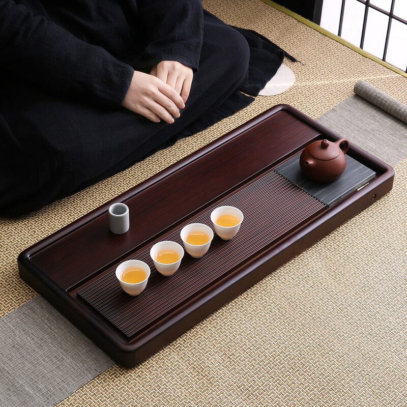 免運 茶具系列 重竹家用胡桃色整板長方形排水茶盤新中式大號青石茶臺