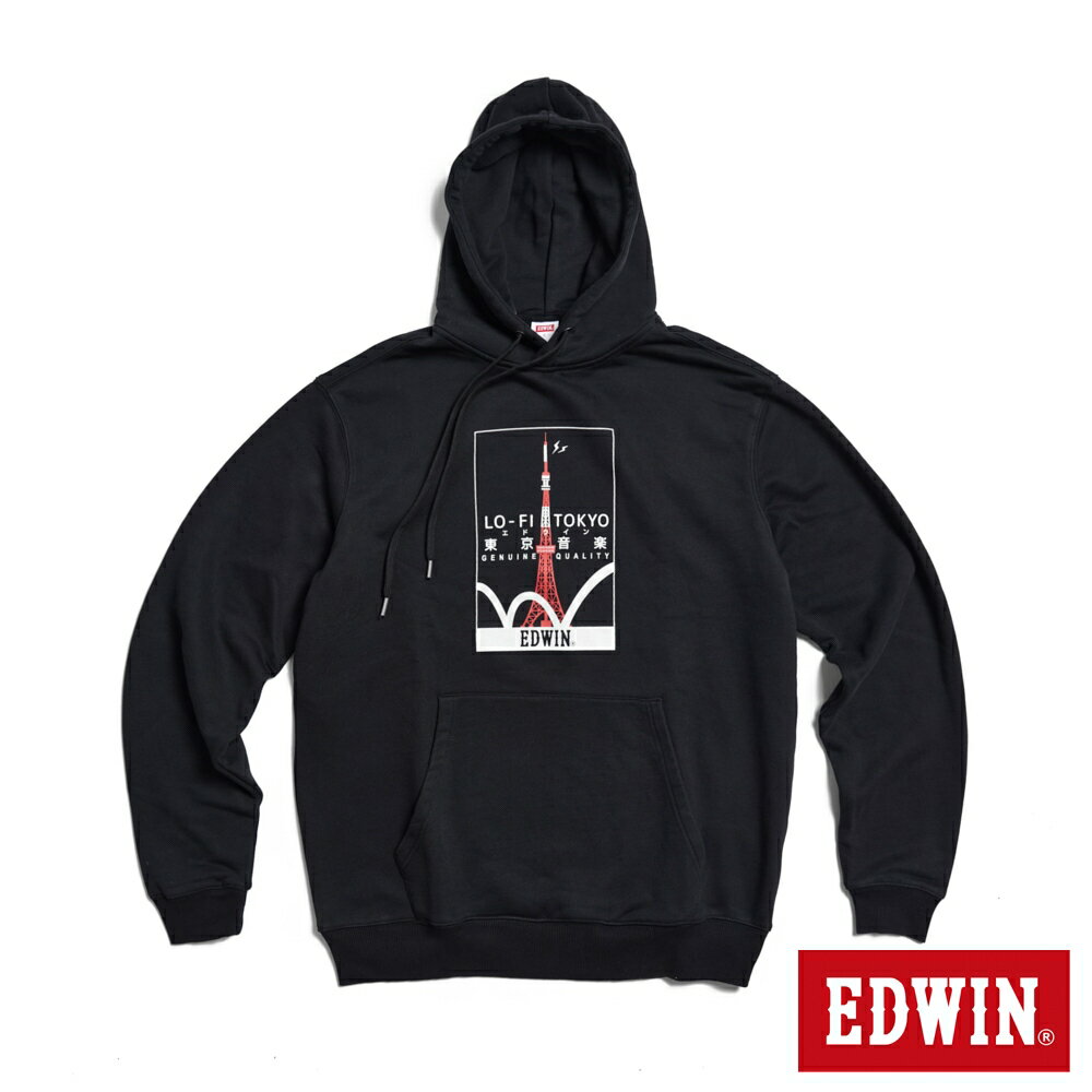 EDWIN 東京散策系列 東京音樂連帽長袖T恤-男女款 黑色
