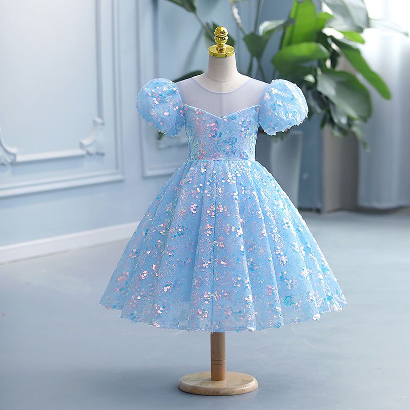 新款女童高階藍色亮片公主裙洋氣兒童晚禮服生日宴鋼琴演出服走秀