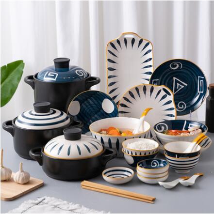碗碟套裝家用日式陶瓷碗盤餐具創意網紅碗筷雙耳帶蓋湯碗餐盤組合【尾牙特惠】