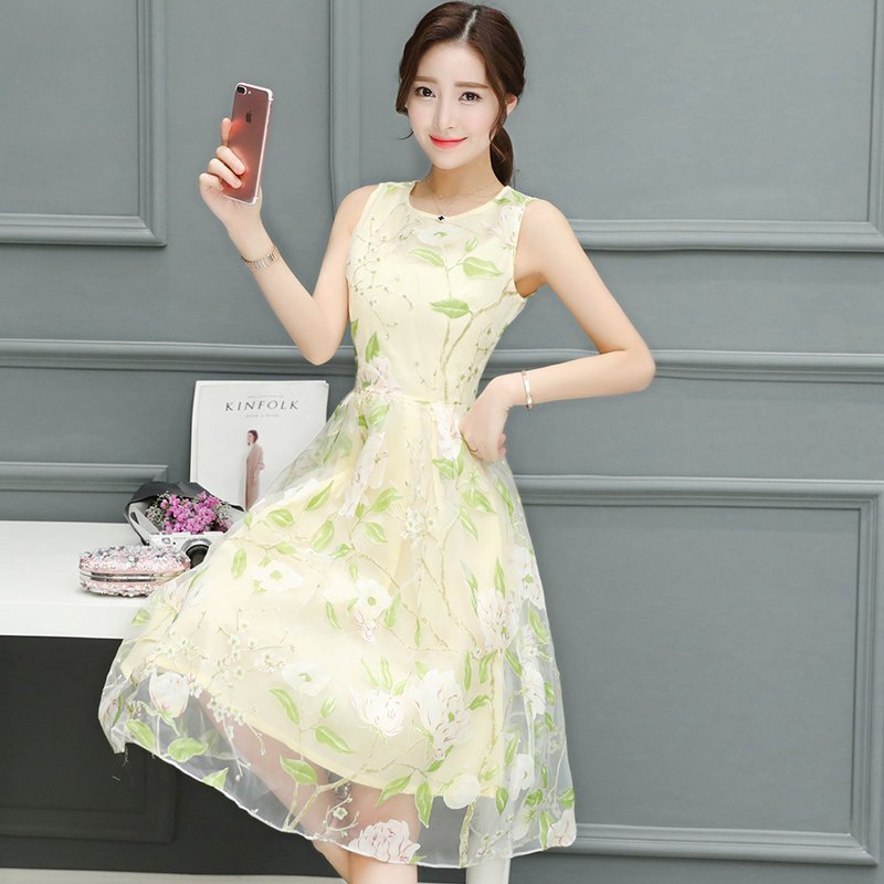 FINDSENSE G5 韓國時尚 中長款 無袖 連身裙 顯瘦 大碼 歐根紗 背心裙