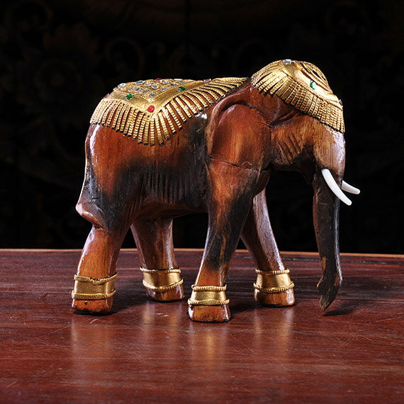 泰國特色家居裝飾桌面大象實木擺件 東南亞工藝品鑲鏡片象1入