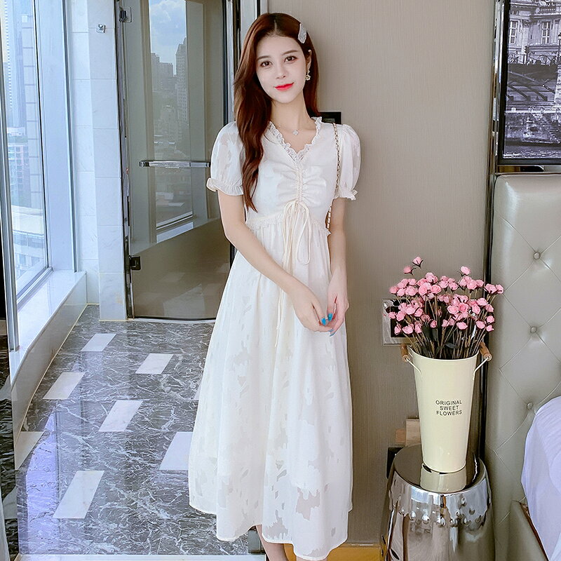 夏季新韓版淑女文藝皺褶收腰顯瘦長裙氣質仙女溫柔風連衣裙子