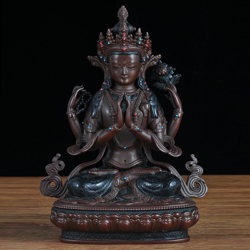 純銅四臂觀音擺件藏傳密宗菩薩尼泊爾佛像工藝品佛堂寺廟供奉銅像