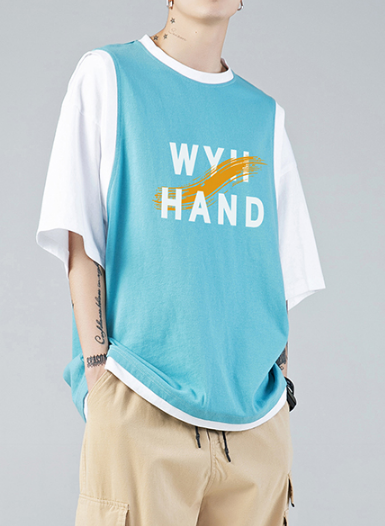FINDSENSE X 男生夏季潮流拼色印花假兩件背心短袖T恤
