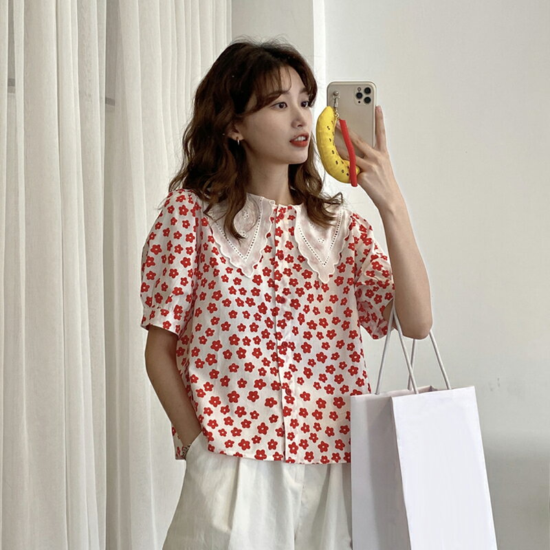 洋氣方領碎花短袖襯衫女設計感小眾夏季年新款韓版寬松上衣潮