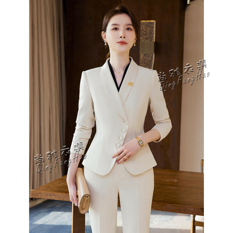 杏色西裝套裝女 春秋酒店美容院珠寶店前臺接待職業氣質工作服yx