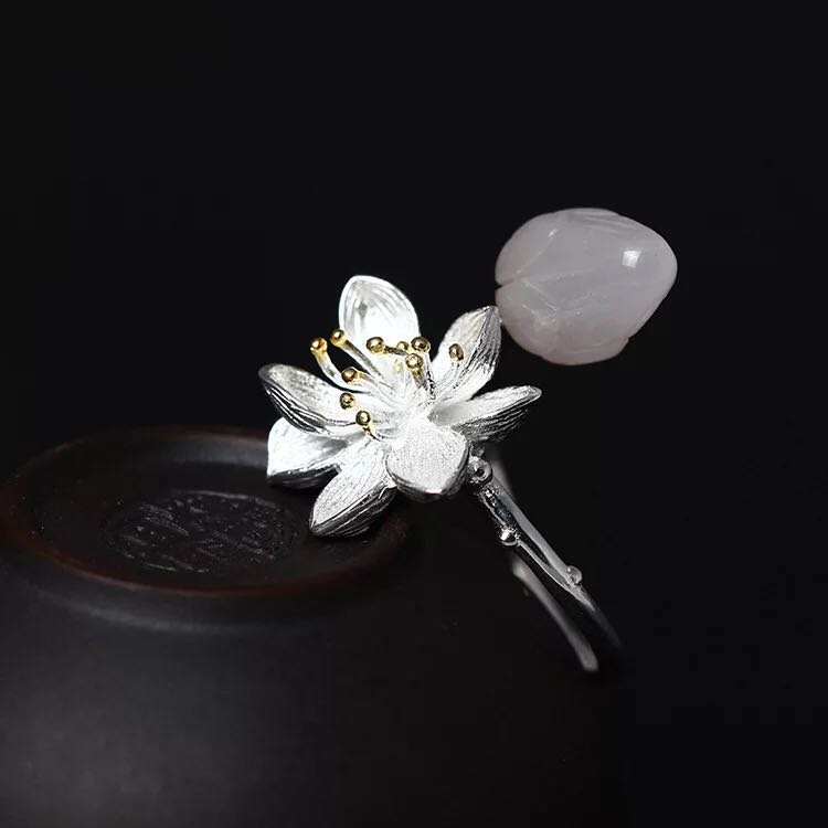 s925純銀設計款花朵指環 民族風玉石/粉水晶荷花戒指女飾品