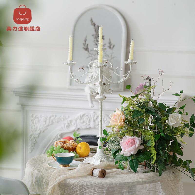 歐式 法式 復古 燭臺 擺件 餐廳婚禮 鐵藝 ins風古典餐桌白色 拍攝道具 臺[DD0506002]