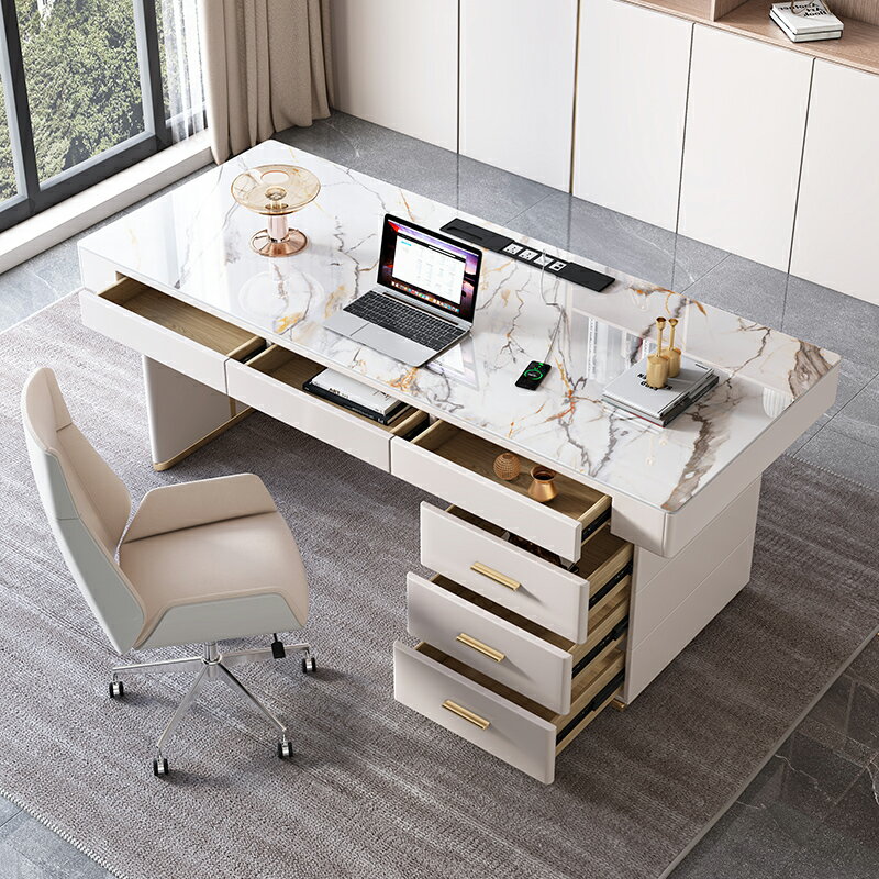 現代簡約巖板家用書桌輕奢小戶型書房辦公臺式電腦桌椅寫字臺一體