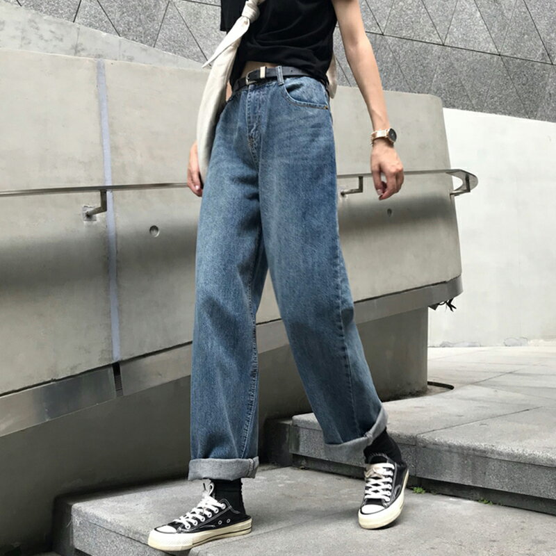 闊腿牛仔褲女直筒寬松高腰褲卷邊學生新款褲子女顯瘦百搭秋冬長褲1入
