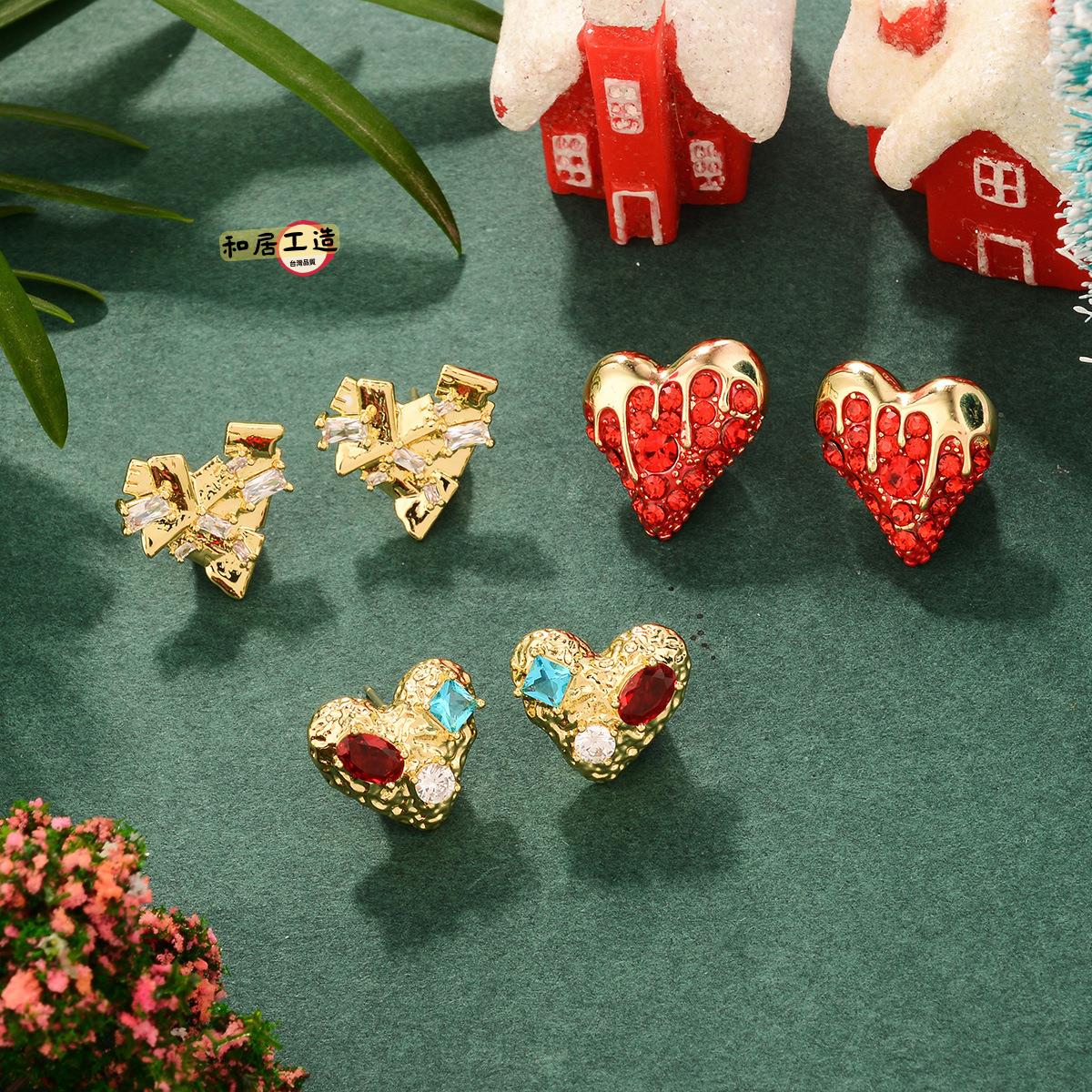 中古Vintage幾何復古愛心鑲鋯耳環秋冬聖誕節不規則時尚通勤耳釘[DD0508003]