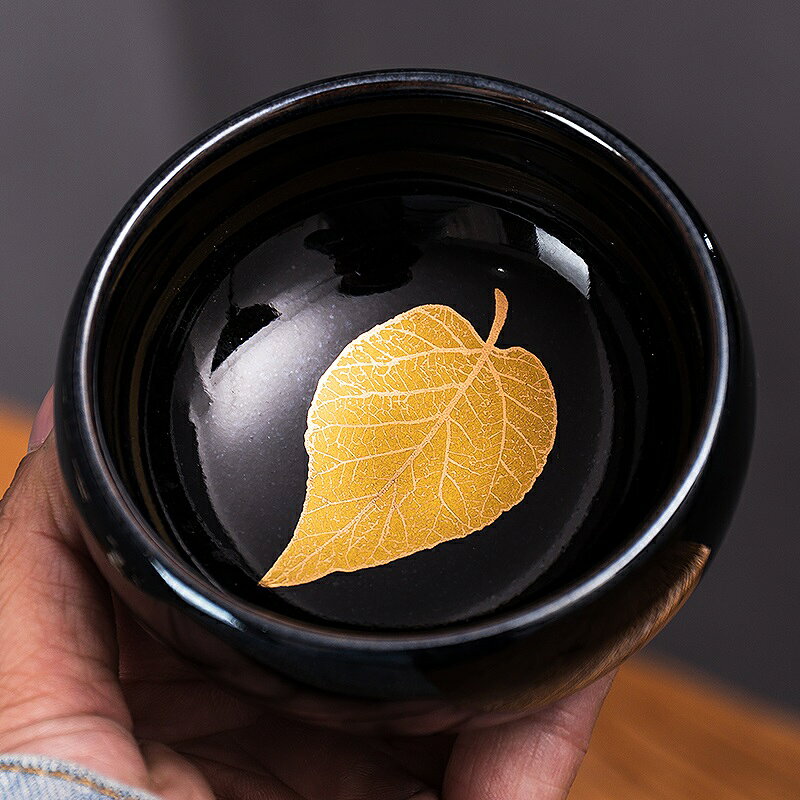 鐵胎黑釉建盞茶杯陶瓷金葉子窯變功夫茶盞主人大杯子單杯蓮花魚盞