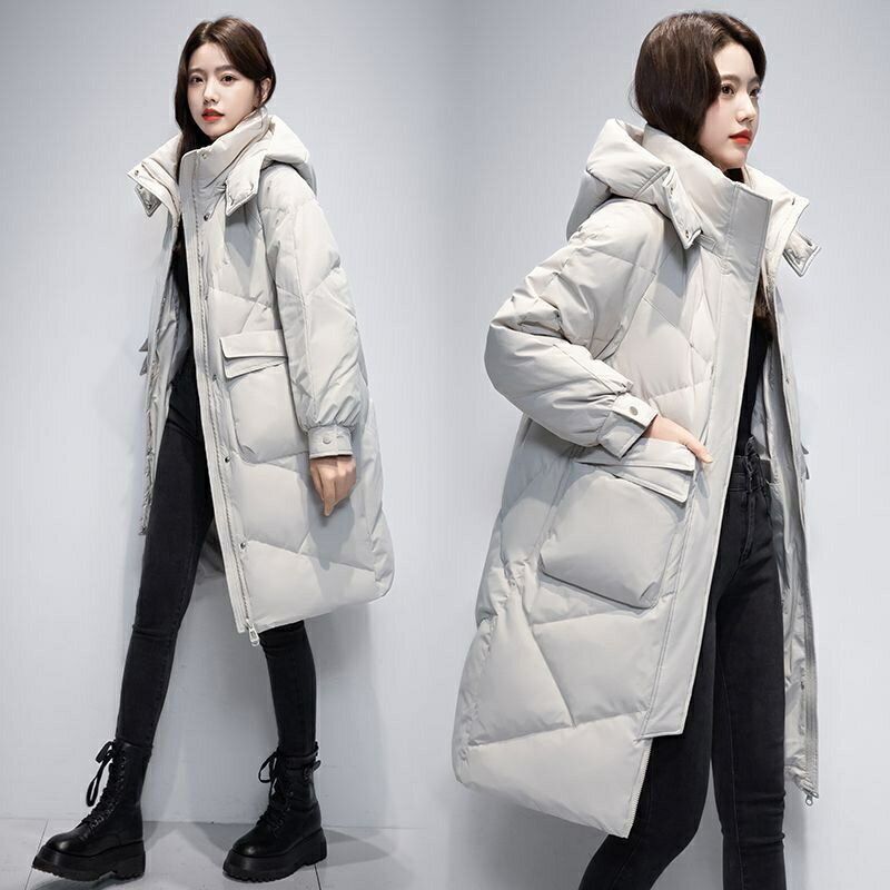 加厚保暖冬天外套 反季羽絨服女中長版冬裝新版時尚韓版加厚寬鬆大碼過膝外套潮韓版 羽絨外套連帽 長款