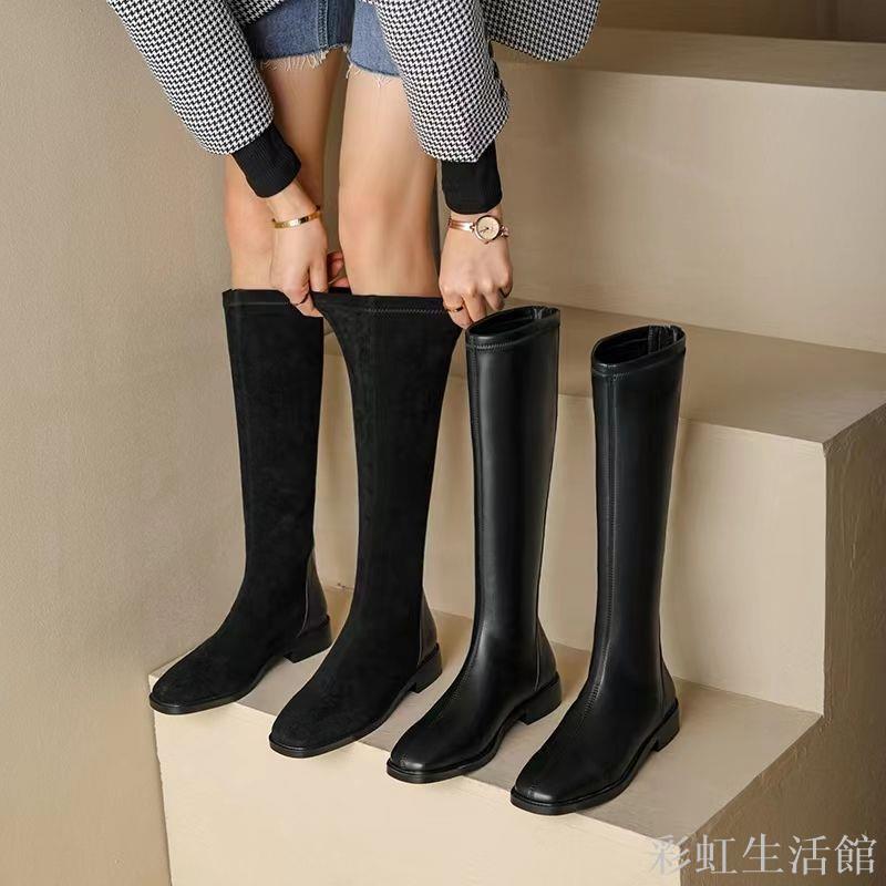 真皮長筒靴女冬季加絨保暖防滑不過膝皮鞋2024新款方頭低跟時裝靴