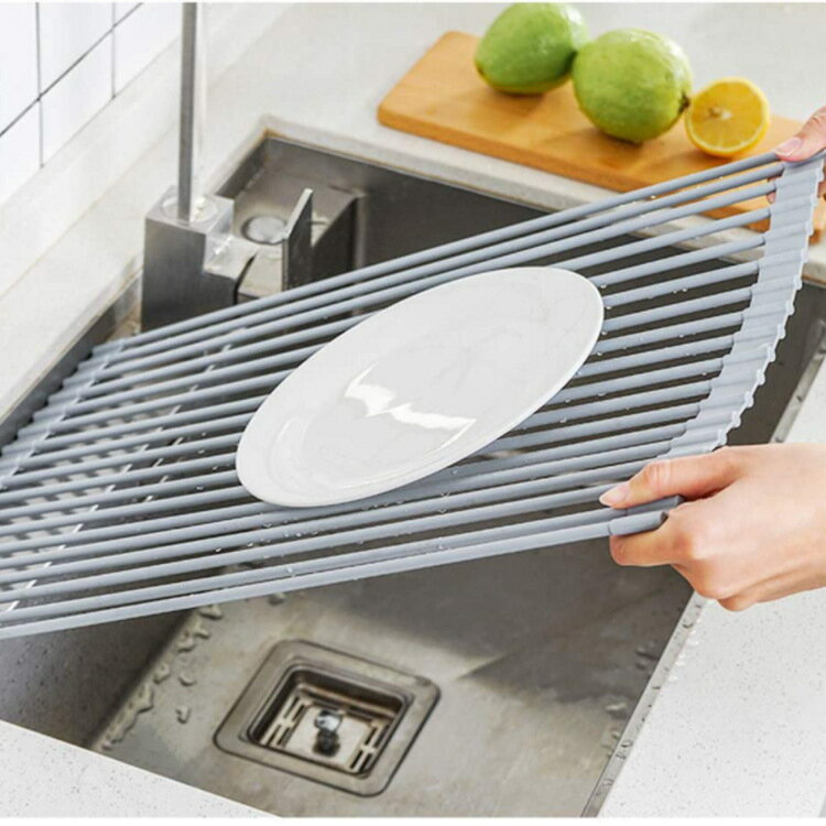 硅膠瀝水架 廚房硅膠濾水架不銹鋼折疊伸縮置物架卷簾碗碟架水槽