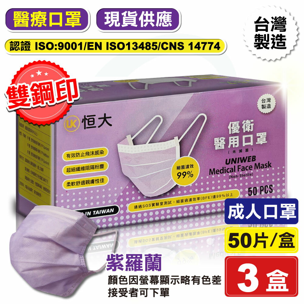 恒大 優衛醫療口罩(紫羅蘭)50入