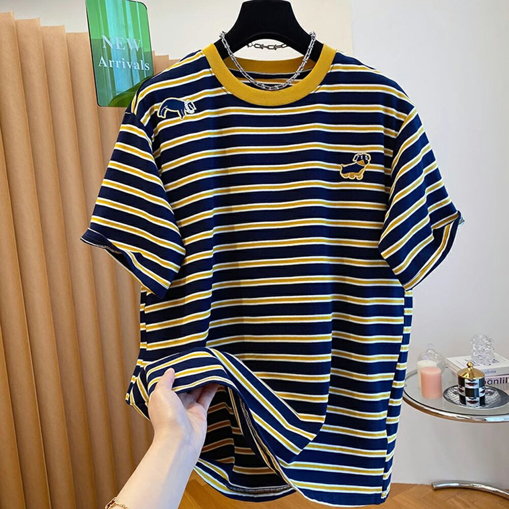 ＊ORead＊條紋刺繡圓領t恤上衣(圖片色M~4XL)