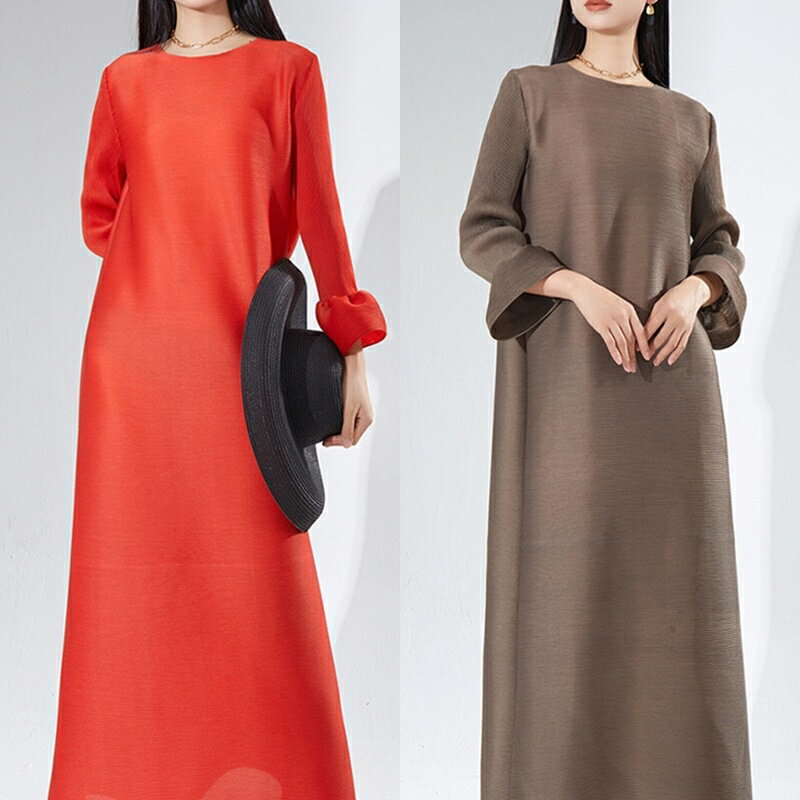 【巴黎精品】現貨+預購 三宅風皺褶衣服洋裝-長袖摺衣壓褶長款春秋高級感A字裙折衣女裙子4色a1jq77