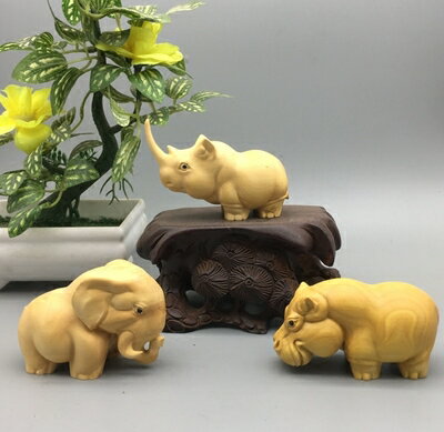 小葉黃楊木雕文玩手把件非洲三寶犀牛河馬大象雕刻擺件工藝品1入