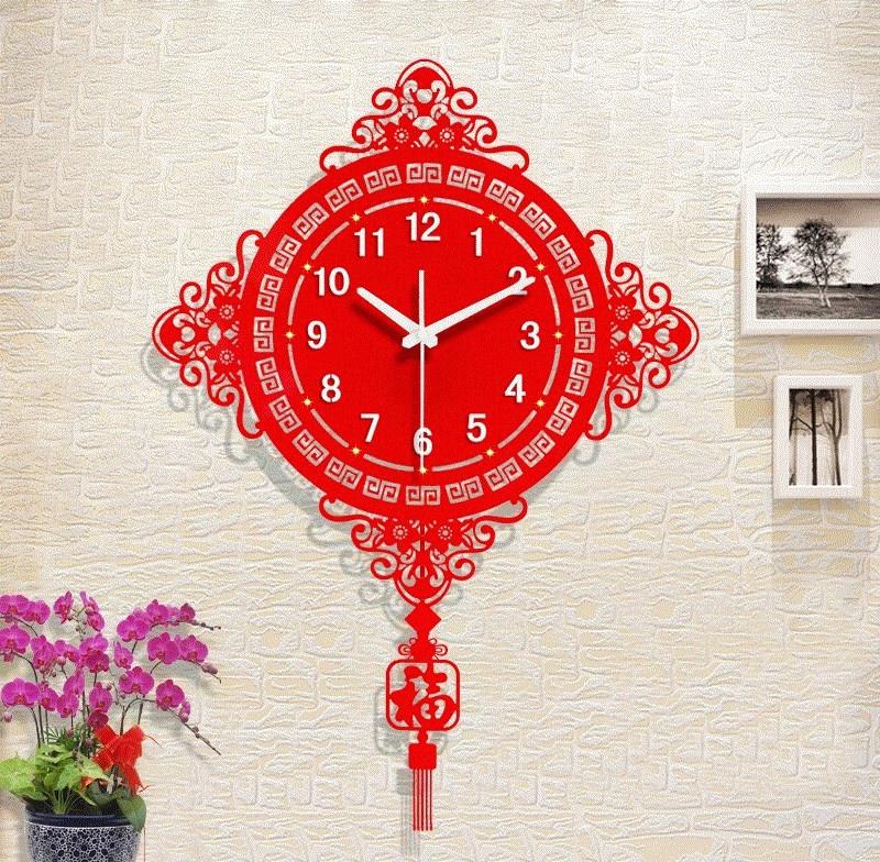 喜慶 中國結鐘表掛鐘客廳創意 靜音時尚石英鐘紅色時鐘現代掛表
