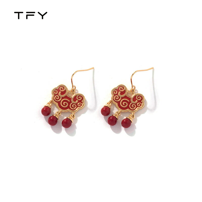 TFY紅色平安鎖耳環女年新款潮高級感氣質耳釘中國風新娘耳飾
