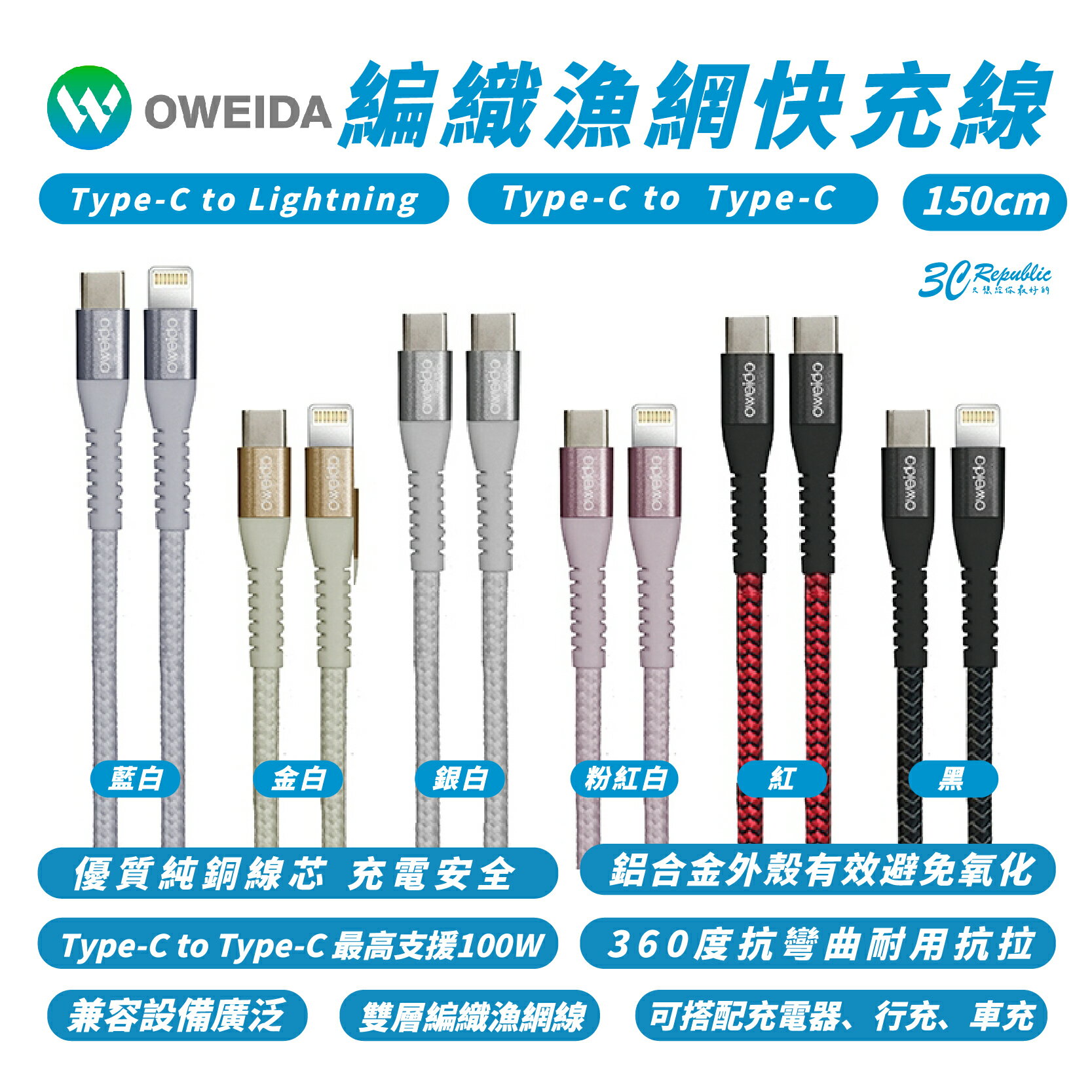OWEIDA PD 快充線 150cm 充電線 傳輸線 Lightning Type C 適 iPhone 15 14【APP下單8%點數回饋】