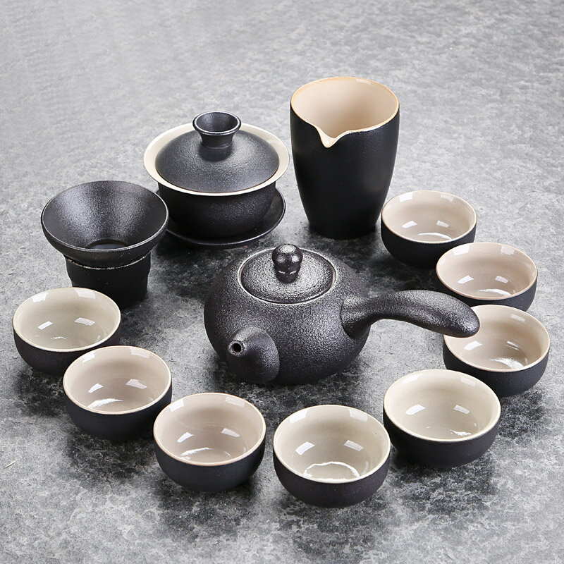 陶瓷茶具套裝家用紫砂功夫茶杯玻璃泡茶壺中式整套哥窯黑陶品茗杯