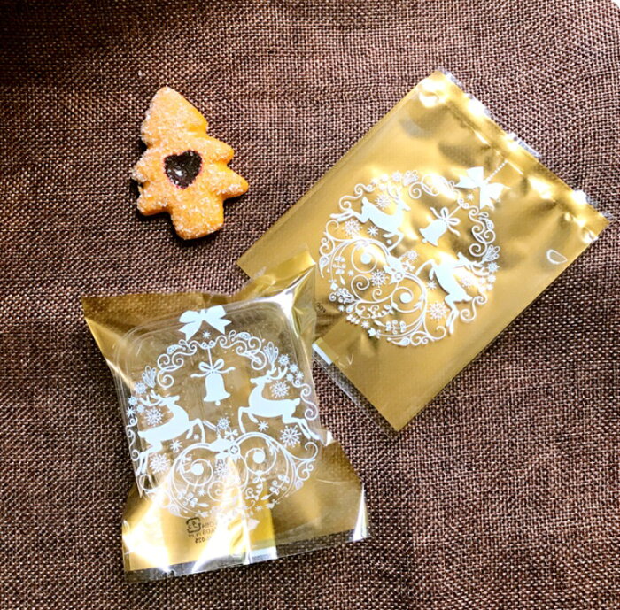 【嚴選SHOP】98入 9*11.5CM金色馴鹿花圈機封袋 封口袋 聖誕包裝聖誕節餅乾袋 餅乾糖果袋 熱封袋