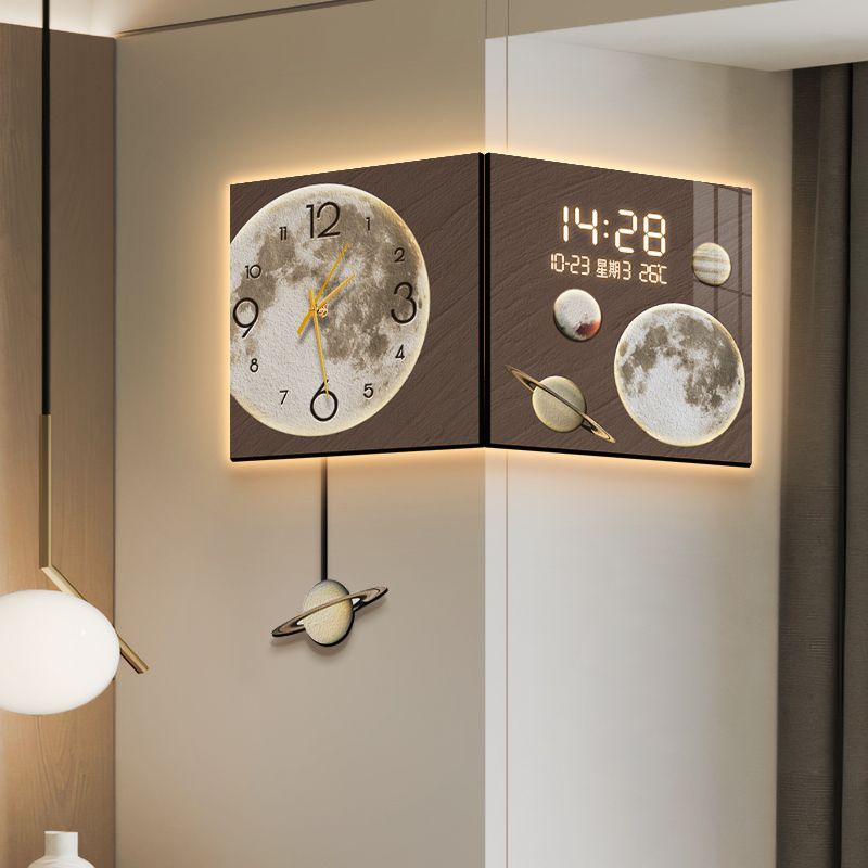 雙面掛鐘 月球轉角掛鐘客廳數顯鐘表掛墻萬年歷電子鐘大氣輕奢雙面拐角時鐘
