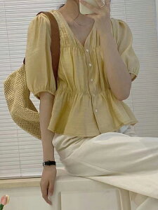 韓國夏季甜美百搭氣質v領褶皺泡泡袖襯衫上衣女潮
