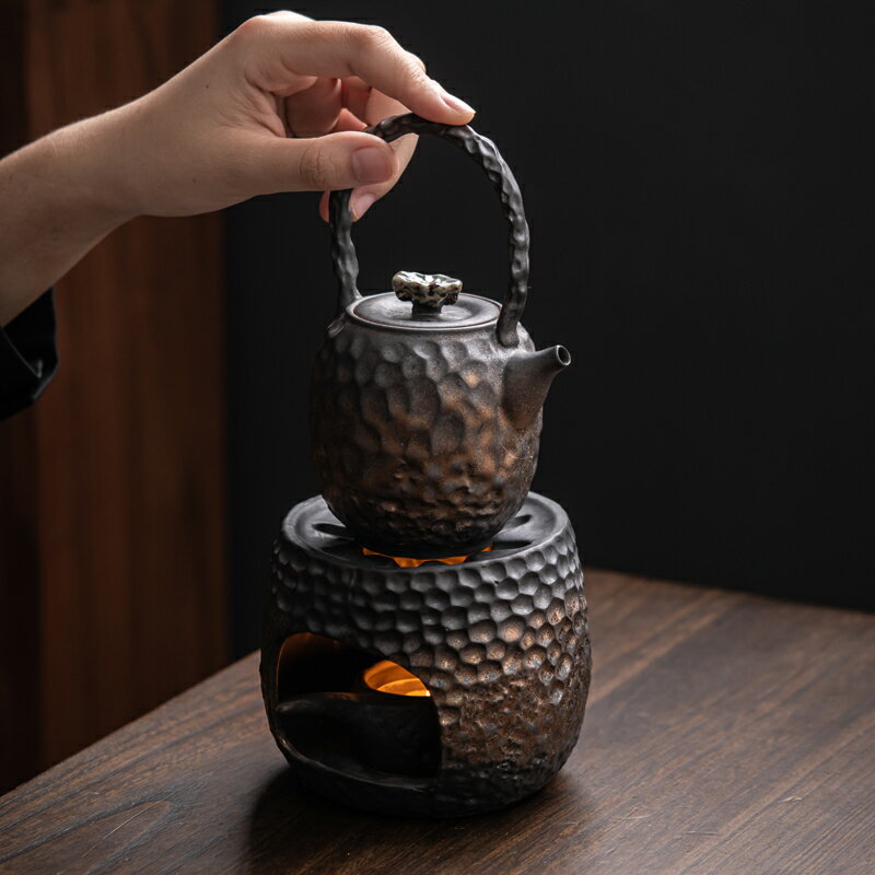 錘紋溫茶壺底座溫茶爐套裝日式復古陶瓷側把壺提梁壺蠟燭加熱保溫