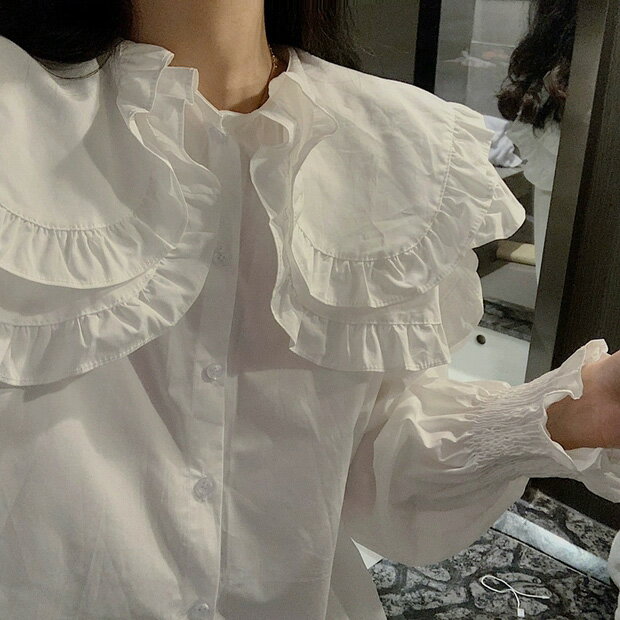韓版新款復古娃娃領荷葉邊襯衣寬松長袖上衣白色內搭防曬花邊襯衫
