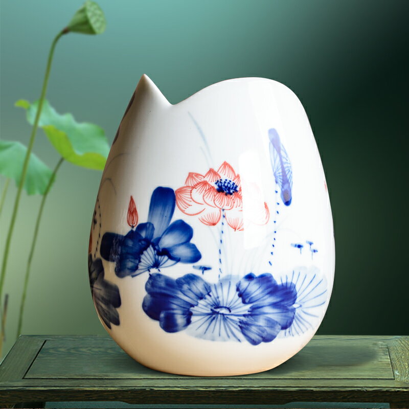 景德鎮陶瓷器水培小花瓶插花手繪荷花青花瓷擺件家居客廳裝飾品